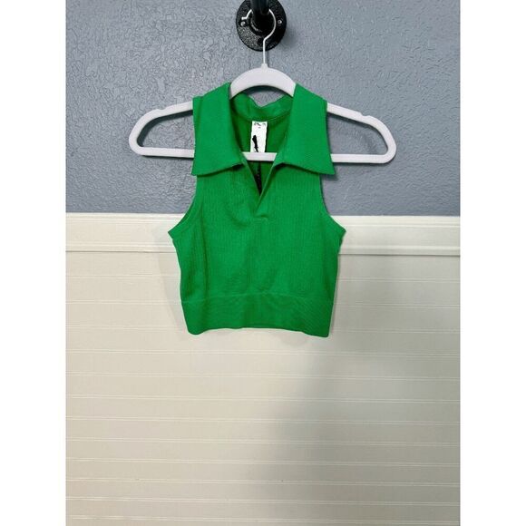 Diane von Furstenberg Ribbed Collared Crop Top Kelly Green - Picture 3 of 8